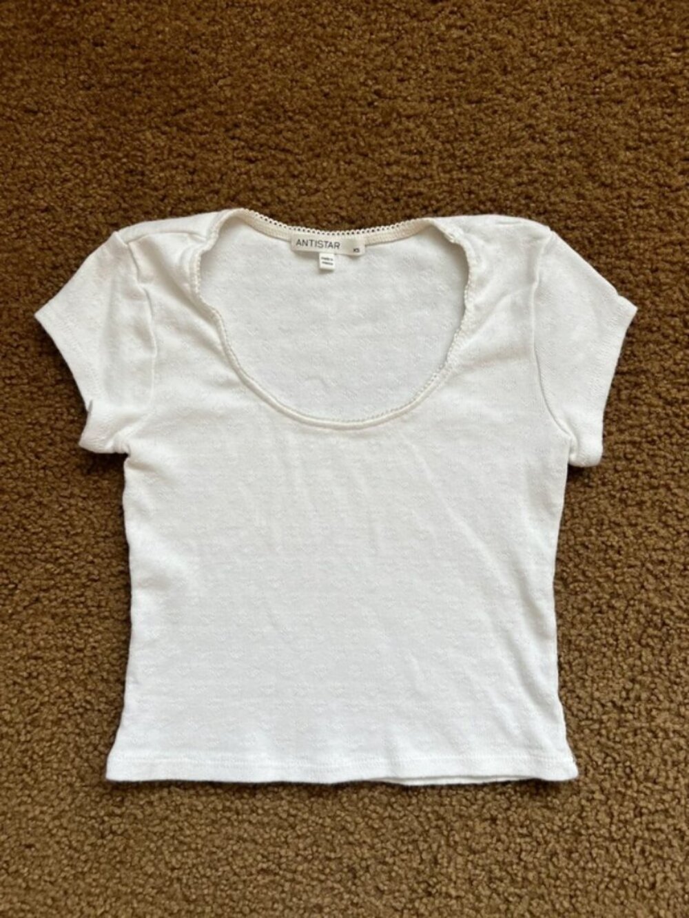 White pointelle knit short sleeve shirt